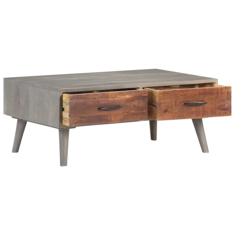 Table basse avec tiroirs design moderne et contemporaine 100 x 60 x 40 cm bois massif de manguier brut gris et marron DEC039155