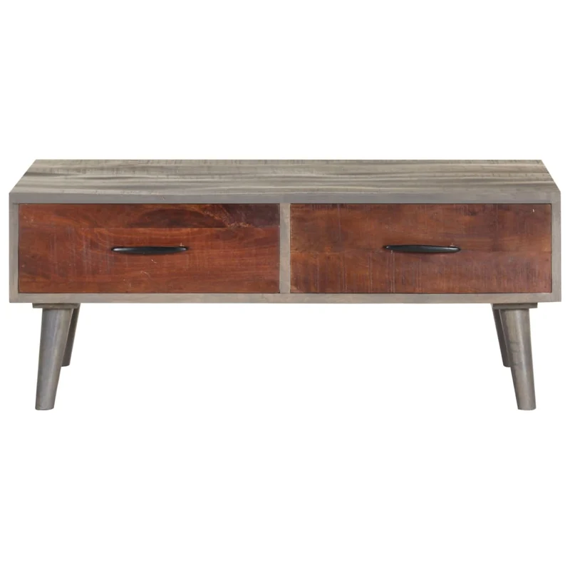 Table basse avec tiroirs design moderne et contemporaine 100 x 60 x 40 cm bois massif de manguier brut gris et marron DEC039155