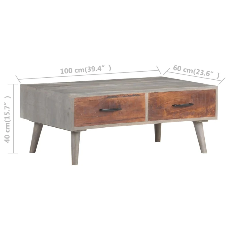 Table basse avec tiroirs design moderne et contemporaine 100 x 60 x 40 cm bois massif de manguier brut gris et marron DEC039155