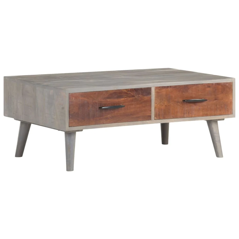 Table basse avec tiroirs design moderne et contemporaine 100 x 60 x 40 cm bois massif de manguier brut gris et marron DEC039155