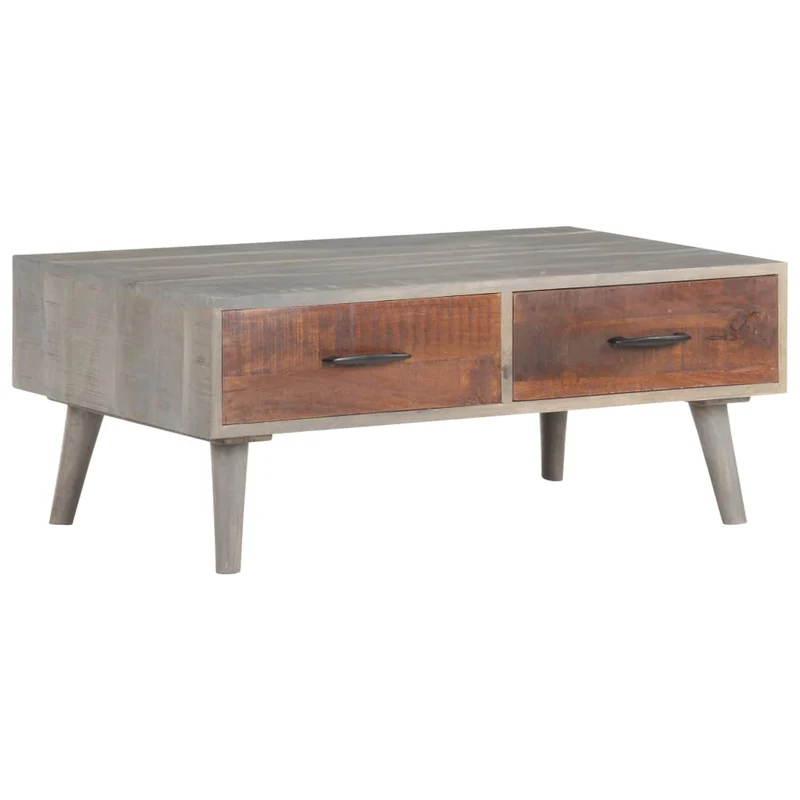 Table basse avec tiroirs design moderne et contemporaine 100 x 60 x 40 cm bois massif de manguier brut gris et marron DEC039155