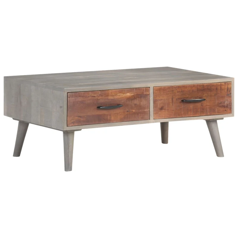 Table basse avec tiroirs design moderne et contemporaine 100 x 60 x 40 cm bois massif de manguier brut gris et marron DEC039155