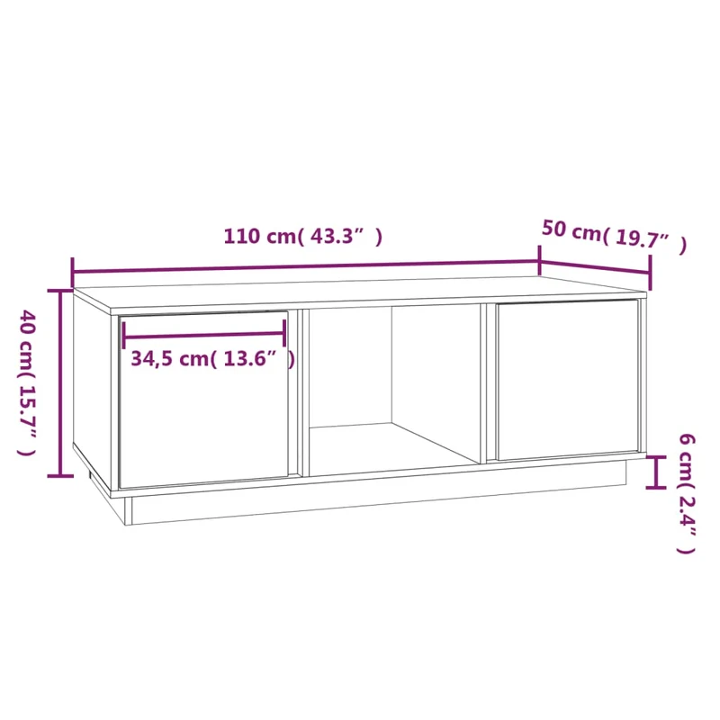 Table basse avec 3 compartiments et de 2 portes design moderne 110 x 50 x 40 cm bois massif de pin gris DEC039166