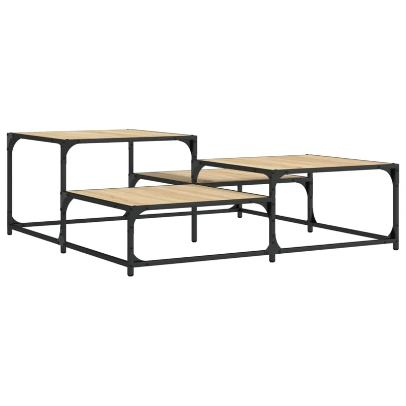 Table basse avec différentes hauteurs design industriel 107 x 107 x 40 cm bois d'ingénierie couleur chêne et métal DEC038925