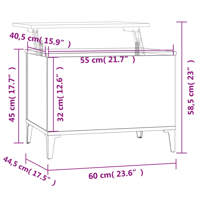Table basse plateau relevable design moderne et contemporaine 60 x 44,5 x 45 cm bois d'ingénierie blanc et métal DEC037907