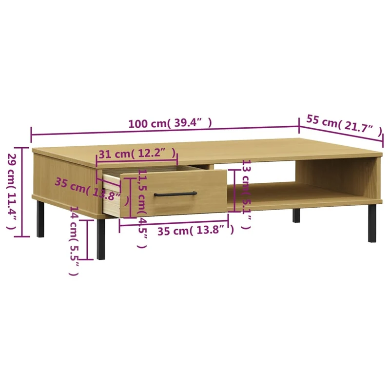 Table basse de salon avec tiroir design moderne avec pieds en métal et bois pin massif DEC037718