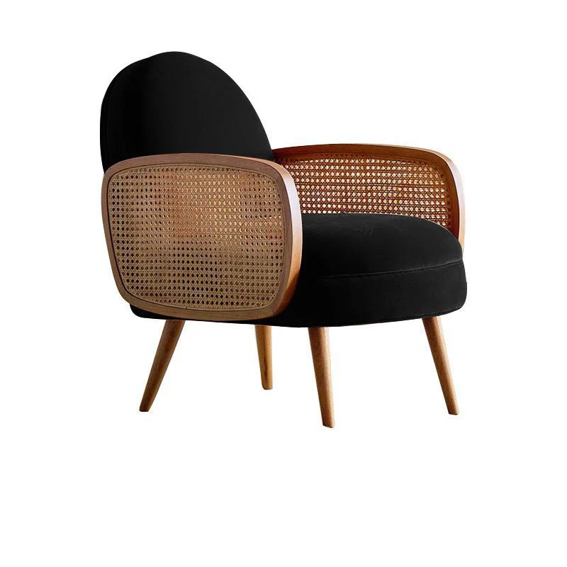 Traditional Japanese Half Round Curved Sherpa Fabric Rattan Accent Chair Backrest Armrest For Living Room