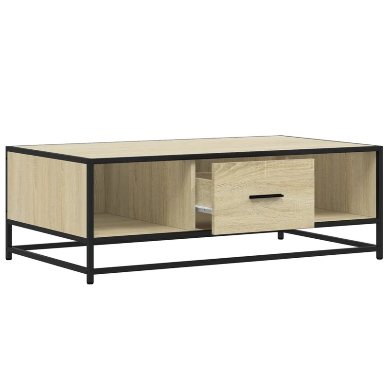 Table basse avec tiroir et compartiment ouvert design industriel moderne 100 x 57 x 35cm bois d'ingénierie couleur chêne et métal DEC038884