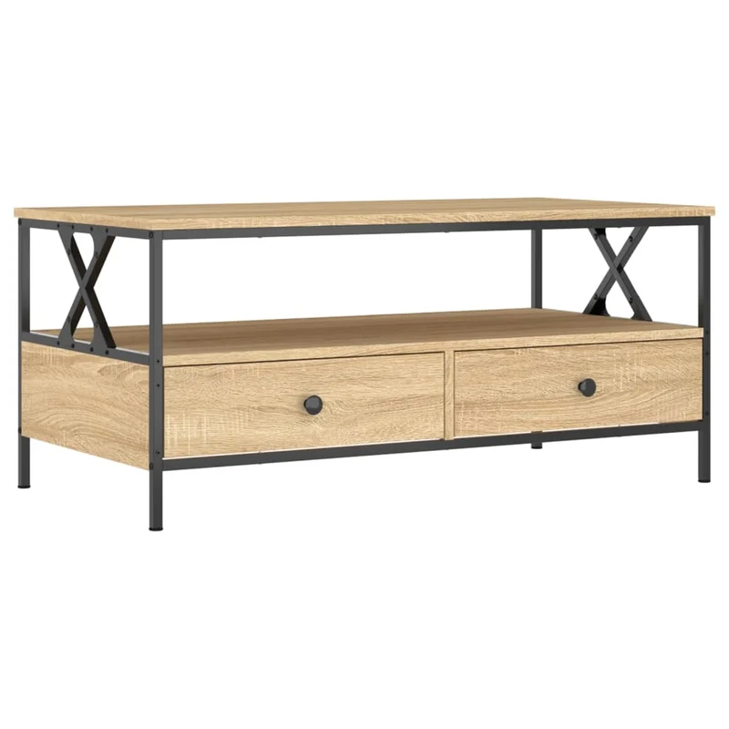 Table basse avec tiroirs et étagère design industriel contemporain 100 x 51 x 45 cm bois d'ingénierie couleur chêne et métal DEC038880