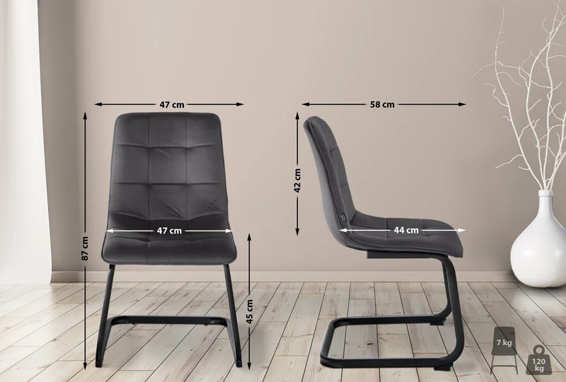 Set de 2 chaises de salle à manger coutures décoratives carrées en velours noir et pieds luge en métal noir 10_0001576