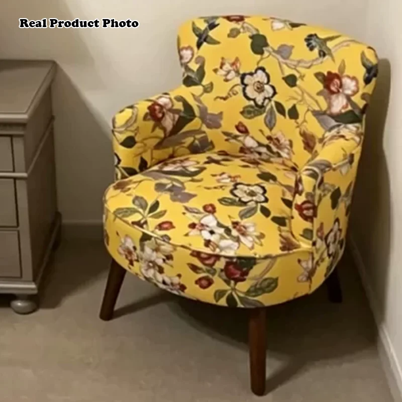 Traditional French Flower Patterned Cotton Linen Plywood Upholstered Accent Chair Backrest Armrest For Living Room
