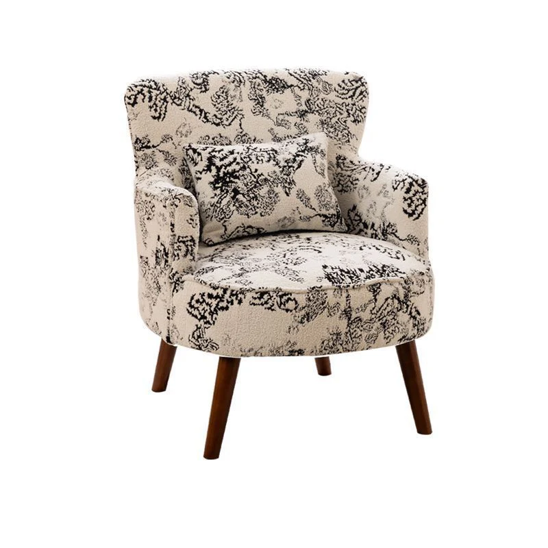 Traditional French Flower Patterned Cotton Linen Plywood Upholstered Accent Chair Backrest Armrest For Living Room
