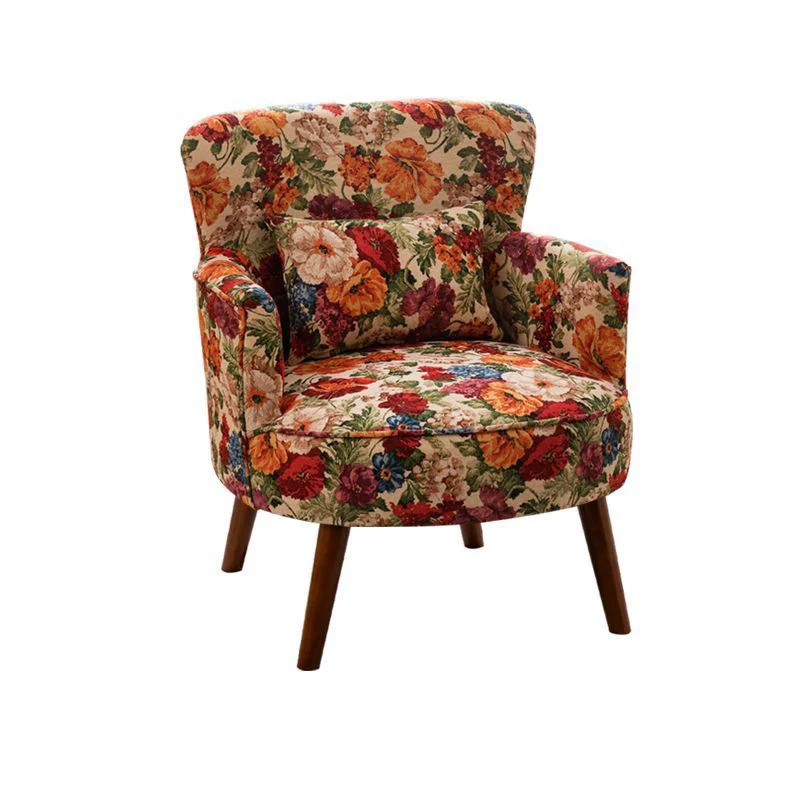 Traditional French Flower Patterned Cotton Linen Plywood Upholstered Accent Chair Backrest Armrest For Living Room