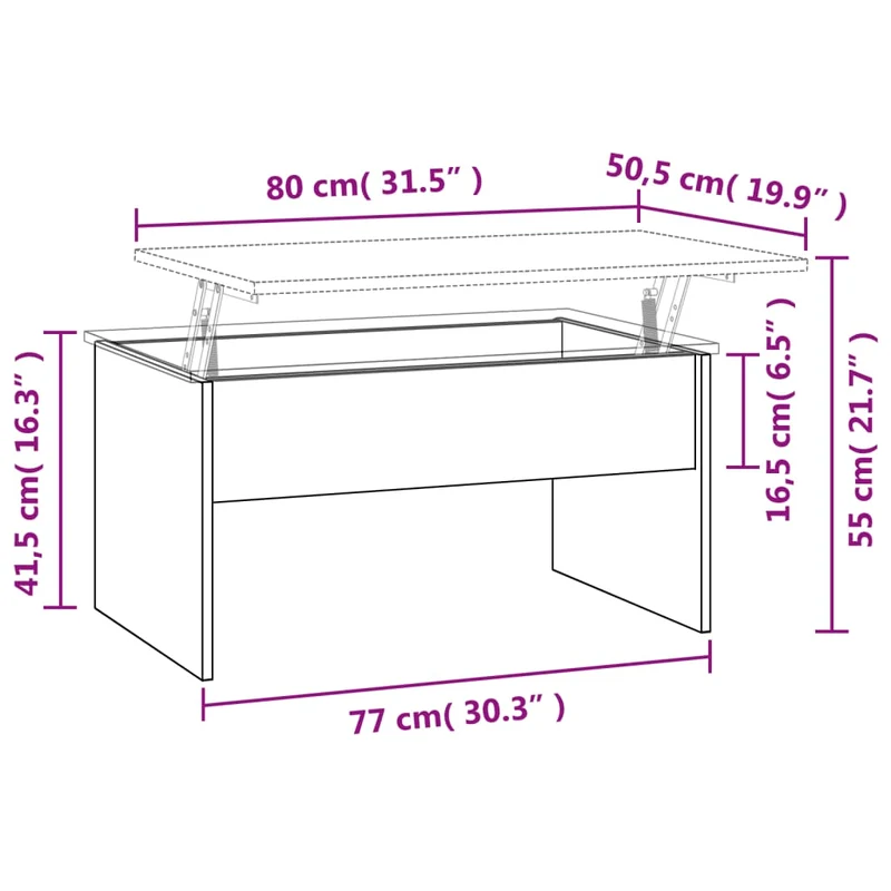 Table basse plateau relevable design moderne et contemporaine 80 x 50,5 x 41,5 cm bois d'ingénierie gris DEC039338