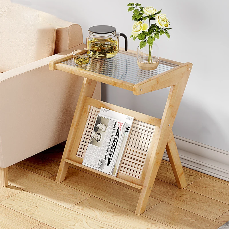 Modern Minimalist Rectangle L Shape Plastic Rattan Nan Bamboo Glass End Table For Living Room