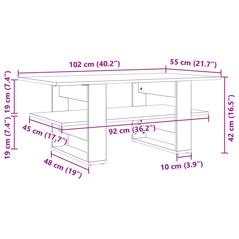 Table basse avec étagères design moderne et contemporaine 102 x 55 x 42 cm bois d'ingénierie gris DEC039267