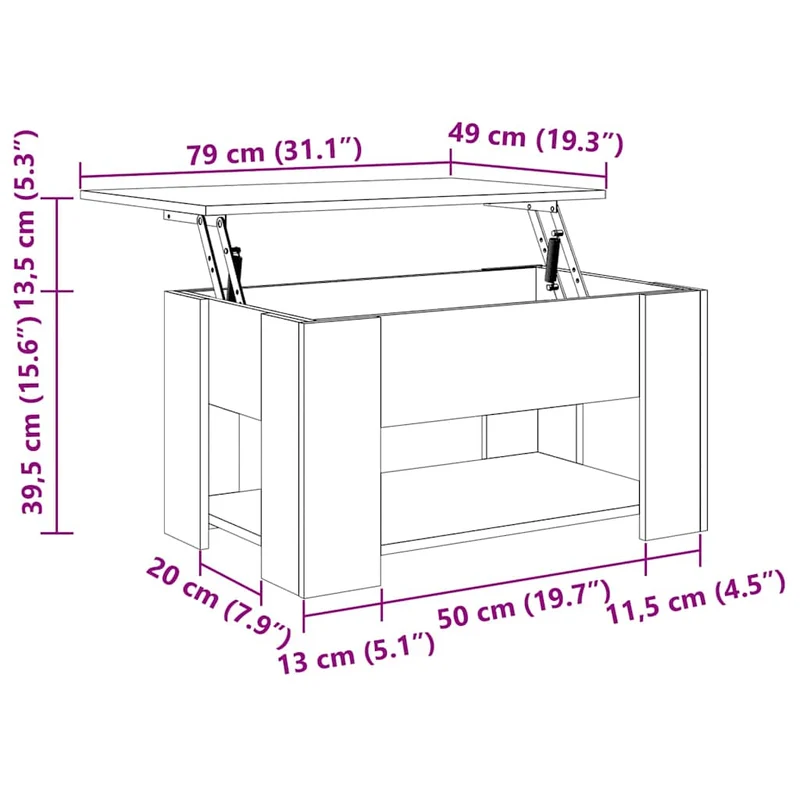 Table basse dessus relevable design moderne et contemporaine 79 x 49 x 41 cm bois d'ingénierie couleur chêne DEC038994