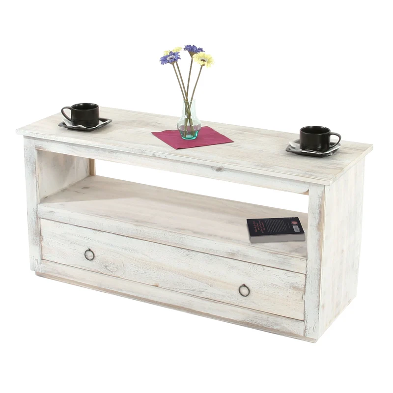 Meuble TV avec tiroir de rangement étagère style vintage en bois blanc 04_0005045