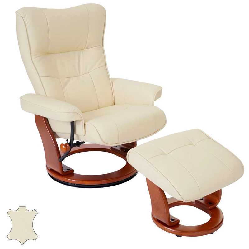 Fauteuil relax fauteuil TV pivotant avec repose-pieds en cuir véritable crème cadre en bois couleur miel 04_0007832