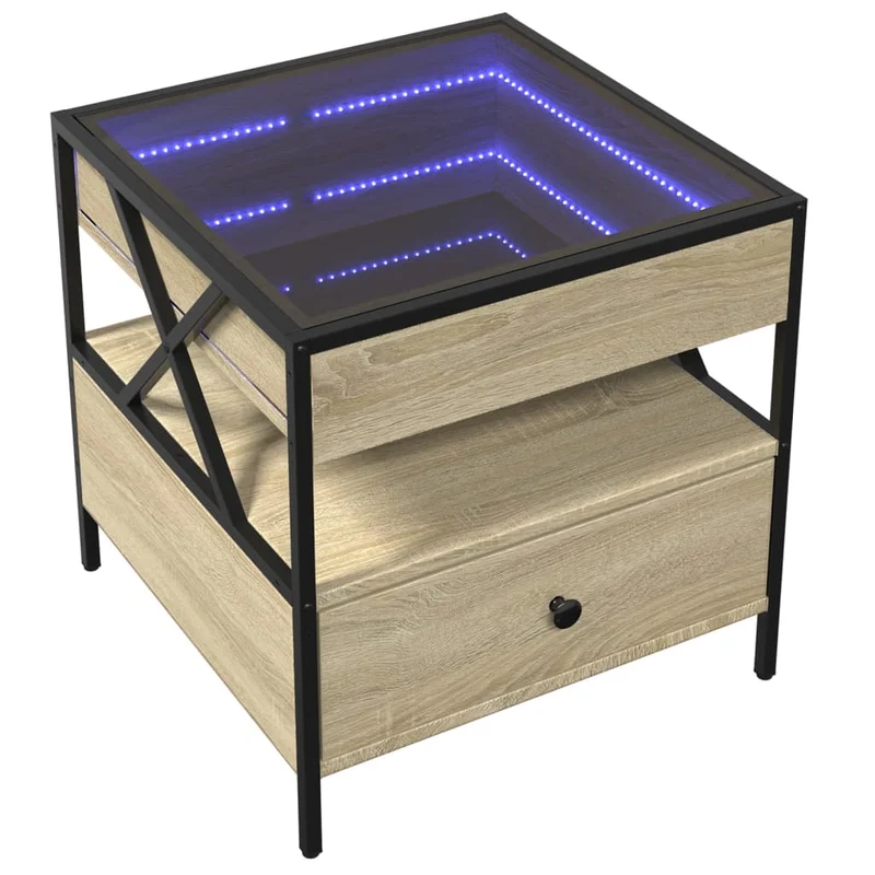 Table basse de salon avec tiroir design moderne avec LED 50 x 50 x 51 cm bois d'ingénierie marron verre et métal DEC037562