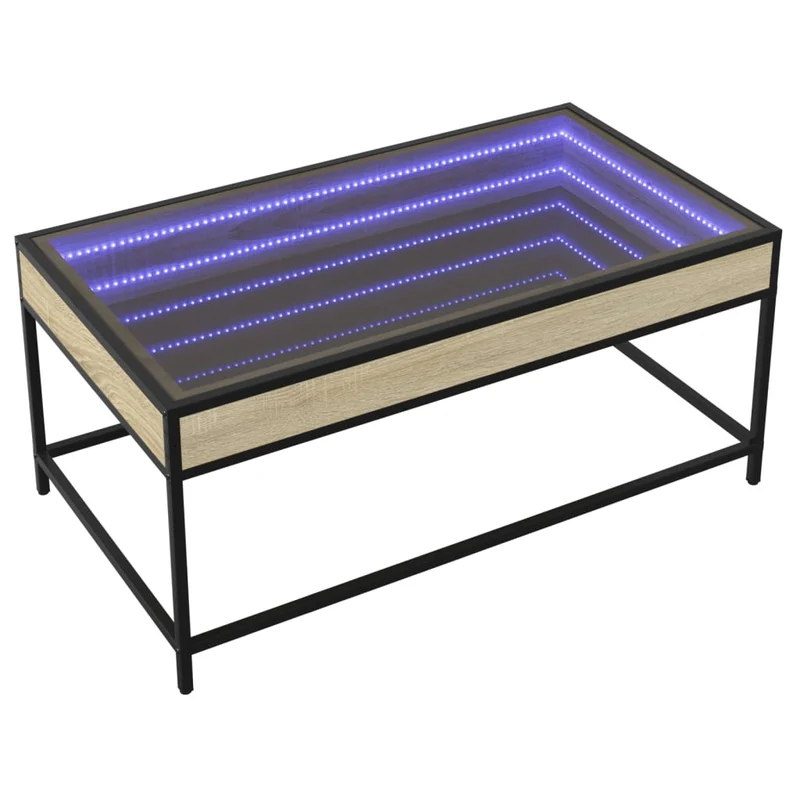 Table basse de salon design moderne avec LED 90 x 50 x 41 cm bois d'ingénierie marron verre et métal DEC037491