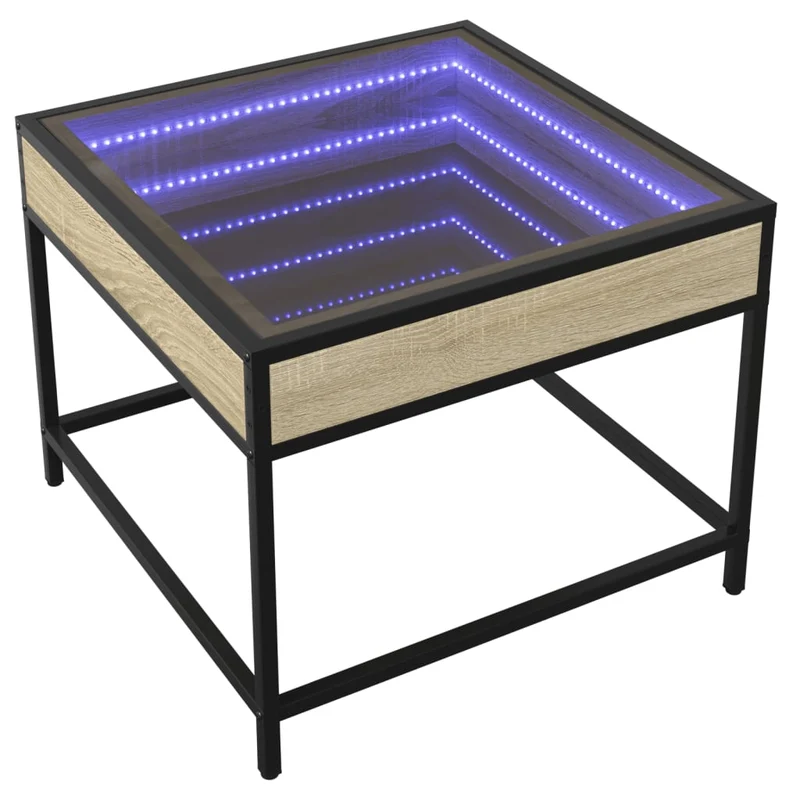 Table basse de salon design moderne avec LED 50 x 50 x 41 cm bois d'ingénierie couleur chêne verre et métal DEC037481