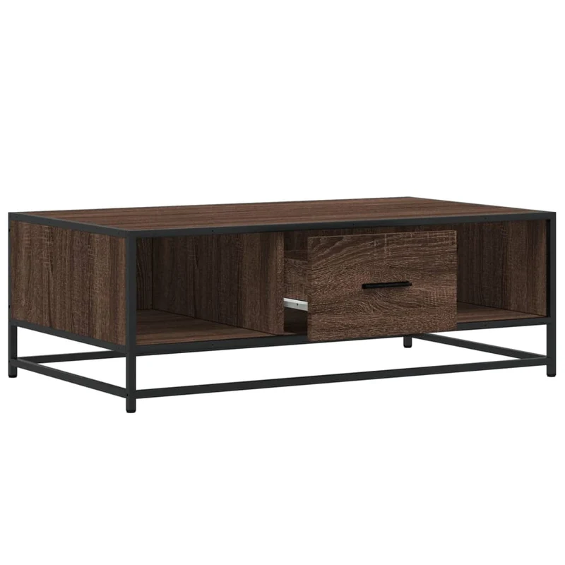 Table basse avec tiroir et compartiment ouvert design industriel 100 x 57 x 35cm bois d'ingénierie marron et métal DEC038611
