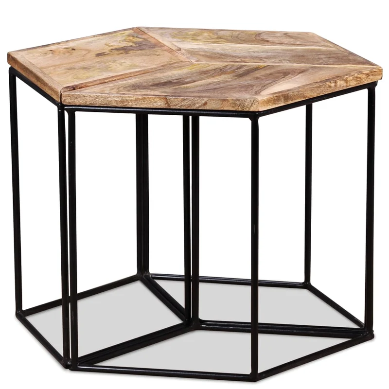Table basse modulaire avec 3 petites tables design moderne et contemporaine bois de manguier et fer 56 x 48 x 40 cm DEC038237