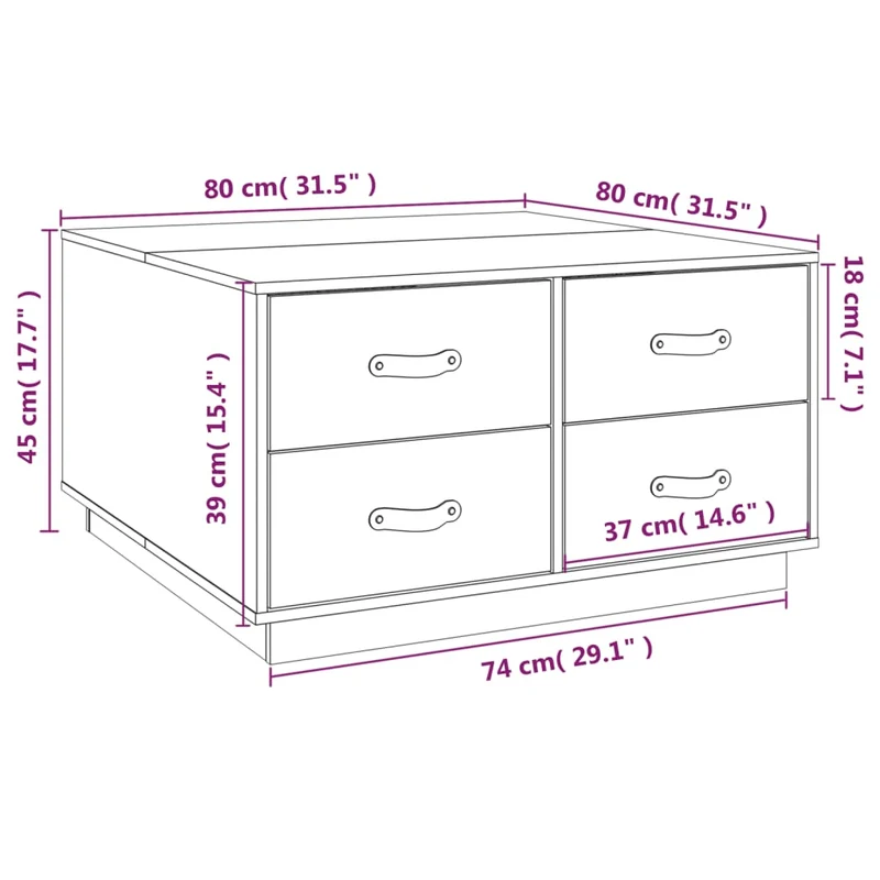 Table basse avec 4 tiroirs design moderne et contemporaine 80 x 80 x 45 cm bois massif de pin blanc DEC037975
