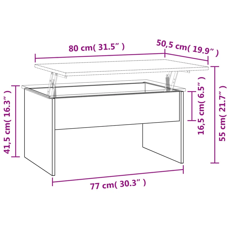 Table basse plateau relevable design moderne et contemporaine 80 x 50,5 x 41,5 cm bois d'ingénierie blanc DEC037949