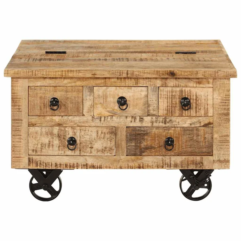 Table basse sur roulettes 5 tiroirs et 1 grand compartiment style vintage rustique en bois de manguier 70 x 70 x 40 cm DEC038233
