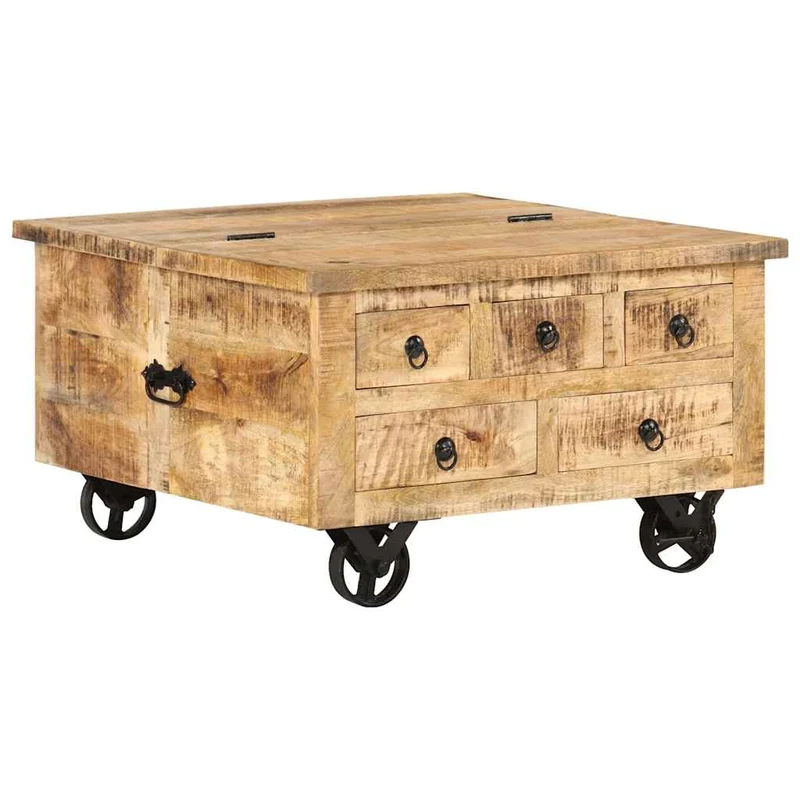 Table basse sur roulettes 5 tiroirs et 1 grand compartiment style vintage rustique en bois de manguier 70 x 70 x 40 cm DEC038233