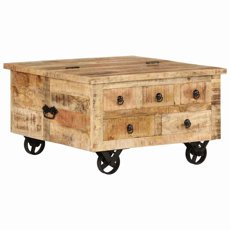 Table basse sur roulettes 5 tiroirs et 1 grand compartiment style vintage rustique en bois de manguier 70 x 70 x 40 cm DEC038233