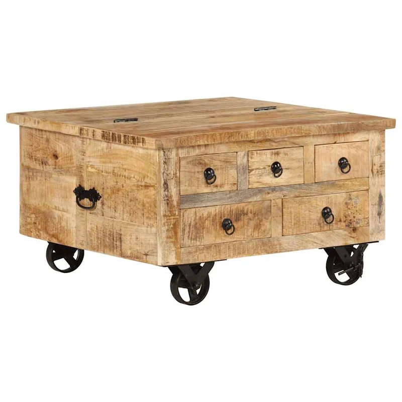 Table basse sur roulettes 5 tiroirs et 1 grand compartiment style vintage rustique en bois de manguier 70 x 70 x 40 cm DEC038233