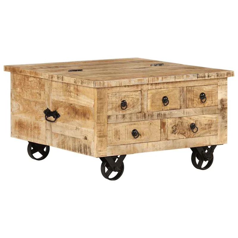 Table basse sur roulettes 5 tiroirs et 1 grand compartiment style vintage rustique en bois de manguier 70 x 70 x 40 cm DEC038233