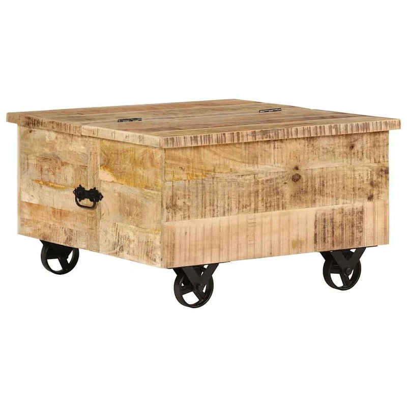 Table basse sur roulettes 5 tiroirs et 1 grand compartiment style vintage rustique en bois de manguier 70 x 70 x 40 cm DEC038233