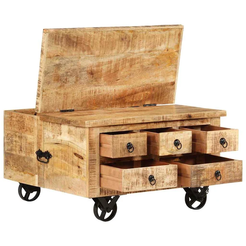 Table basse sur roulettes 5 tiroirs et 1 grand compartiment style vintage rustique en bois de manguier 70 x 70 x 40 cm DEC038233