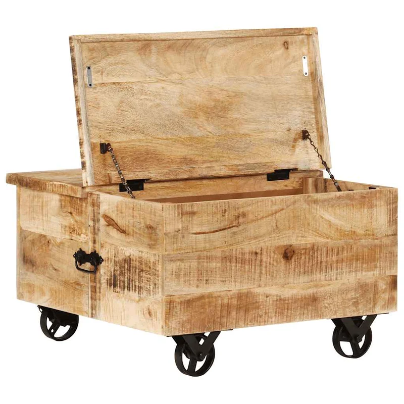 Table basse sur roulettes 5 tiroirs et 1 grand compartiment style vintage rustique en bois de manguier 70 x 70 x 40 cm DEC038233