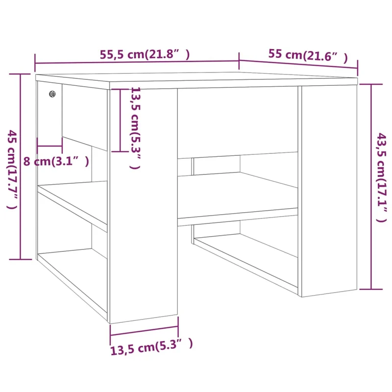 Table basse avec étagères design moderne et contemporaine 55,5 x 55 x 45 cm bois d'ingénierie blanc DEC037895