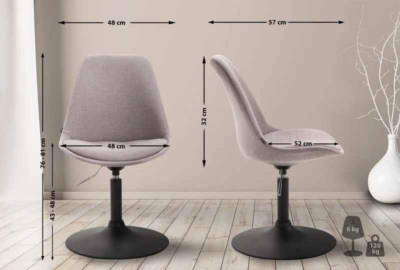 Chaise de salle à manger x1 pivotante hauteur réglable en tissu gris et pied trompette en métal noir 10_0003771