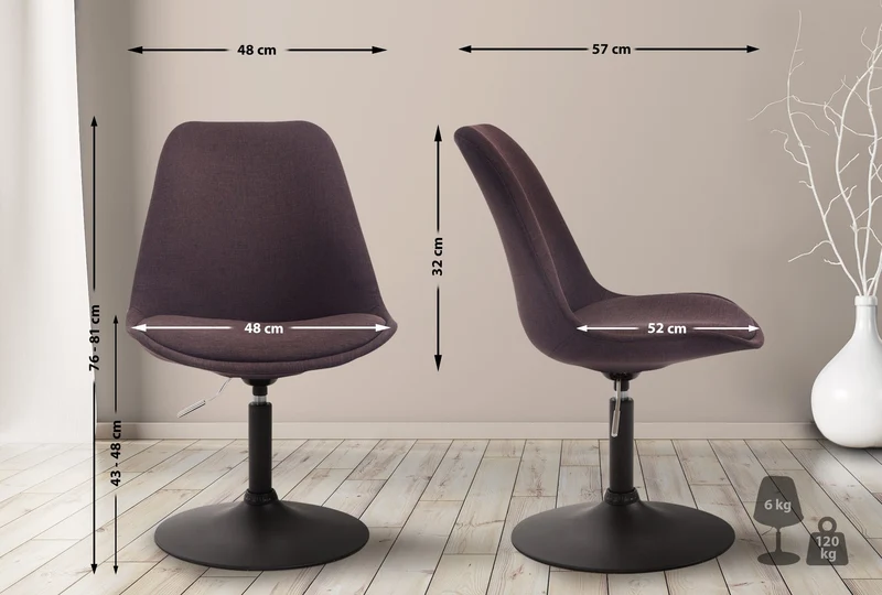 Chaise de salle à manger x1 pivotante hauteur réglable en tissu marron et pied trompette en métal noir 10_0003768