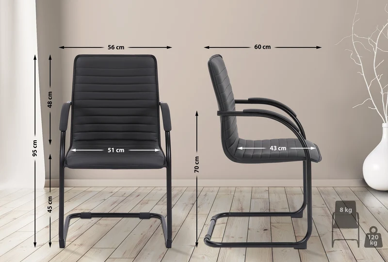 Chaise visiteur fauteuil de bureau avec accoudoirs assise en PVC noir piètement luge métallique noir 10_0003421
