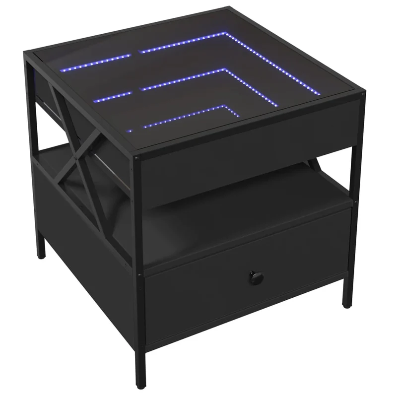 Table basse de salon avec tiroir et étagère design moderne avec LED 50 x 50 x 51 cm bois d'ingénierie noir verre et métal DEC037567