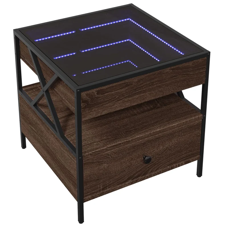 Table basse de salon avec tiroir et étagère design moderne avec LED 50 x 50 x 51 cm bois d'ingénierie verre et métal DEC037556
