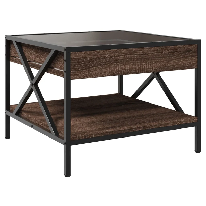 Table basse de salon avec étagère design moderne avec LED 50 x 50 x 38 cm bois d'ingénierie marron verre et métal DEC037554