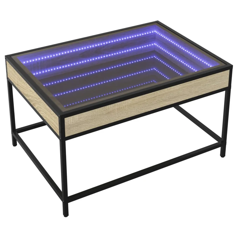 Table basse de salon design moderne avec LED 70 x 50 x 41 cm bois d'ingénierie couleur chêne et verre DEC037486