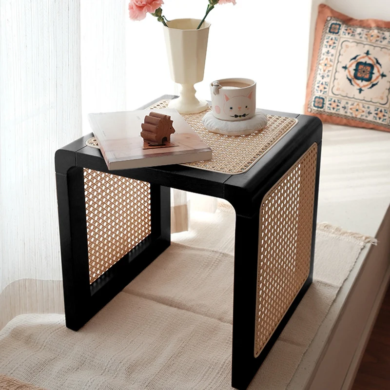 Traditional Japanese Square Rubberwood Rattan End Table For Living Room