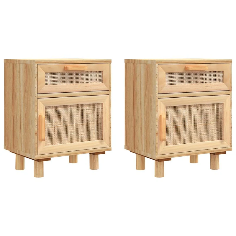 Lot de 2 tables de chevet avec tiroir et compartiment avec porte 40 x 30 x 50 cm en bois pin massif et rotin naturel DEC035440