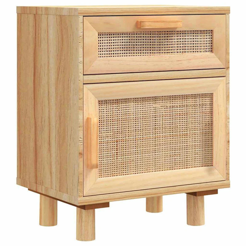 Lot de 2 tables de chevet avec tiroir et compartiment avec porte 40 x 30 x 50 cm en bois pin massif et rotin naturel DEC035440