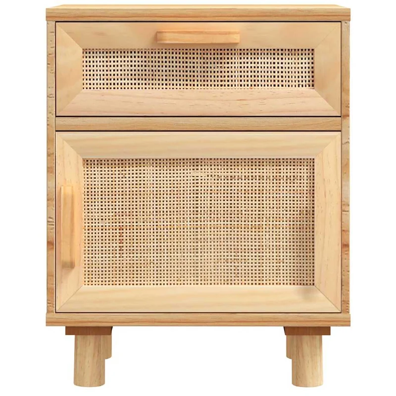 Lot de 2 tables de chevet avec tiroir et compartiment avec porte 40 x 30 x 50 cm en bois pin massif et rotin naturel DEC035440